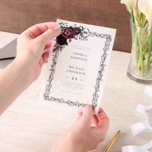 Gothic Floral Frame Dark Goth Halloween Wedding ベラム紙招待状 (ポータブル)