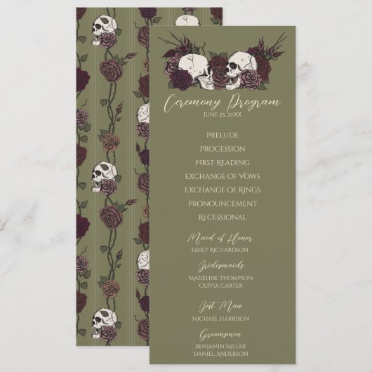 Gothic Floral Olive Green Wedding Program Card (正面/裏面)