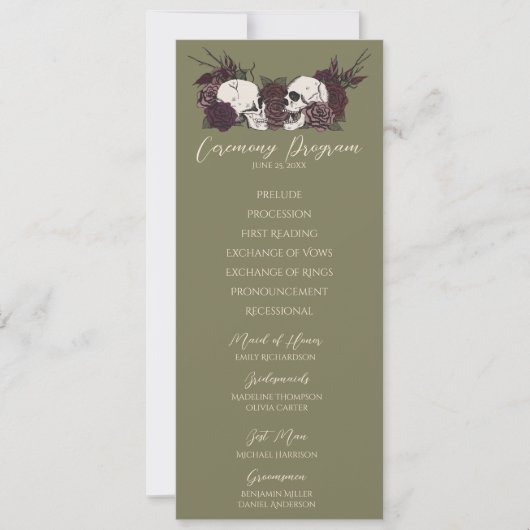 Gothic Floral Olive Green Wedding Program Card (正面)