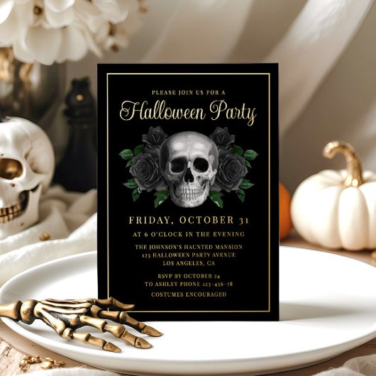 Gothic Floral Skull Halloween Gold 箔招待状