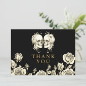 Gothic Floral Skulls Wedding Black And Gold サンキューカード (スタンド正面)