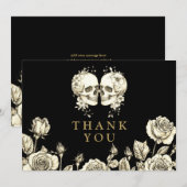 Gothic Floral Skulls Wedding Black And Gold サンキューカード (正面/裏面)