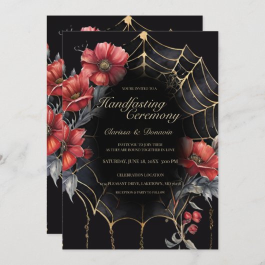 Gothic Gold & Red Spider Floral Web Handfasting 招待状 (正面/裏面)