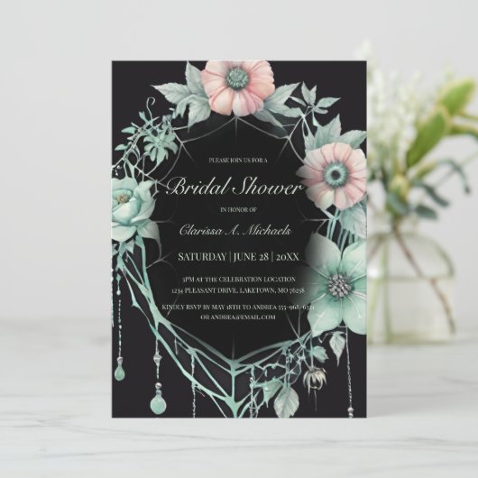 Gothic Green Mint Floral Spider Web Bridal Shower 招待状 (スタンド正面)
