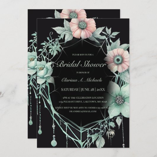Gothic Green Mint Floral Spider Web Bridal Shower 招待状 (正面/裏面)
