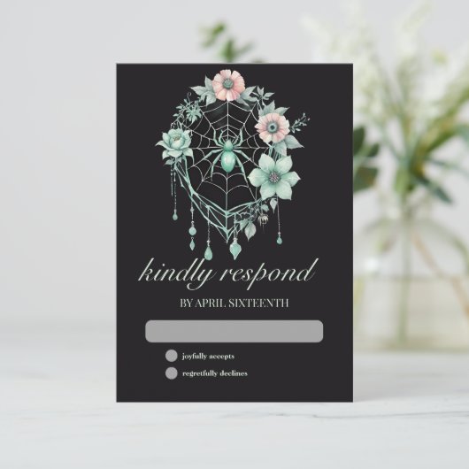 Gothic Green Mint Floral Spider Web Handfasting 出欠カード (スタンド正面)