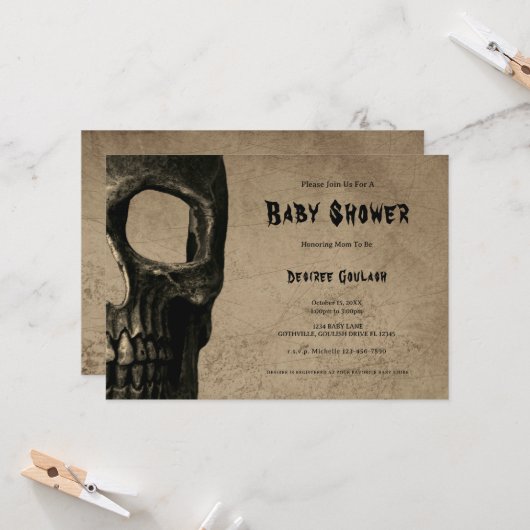 Gothic Half Skull Black Baby Shower Invitation 招待状 (正面/裏面インサイチュ)