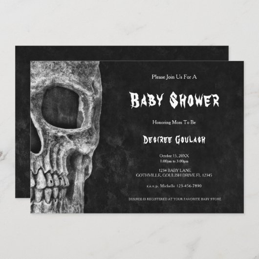 Gothic Half Skull Black Baby Shower Invitation 招待状 (正面/裏面)