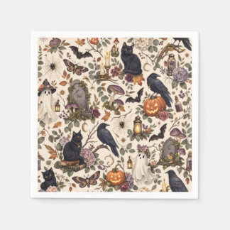 Gothic Halloween Ravens Cats Ghosts Floral Pattern スタンダードカクテルナプキン