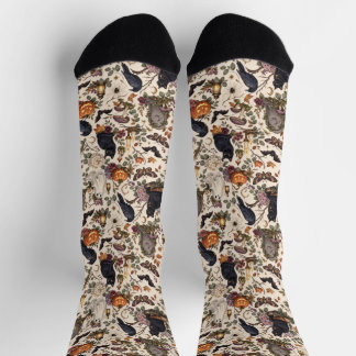 Gothic Halloween Ravens Cats Ghosts Floral Pattern ソックス
