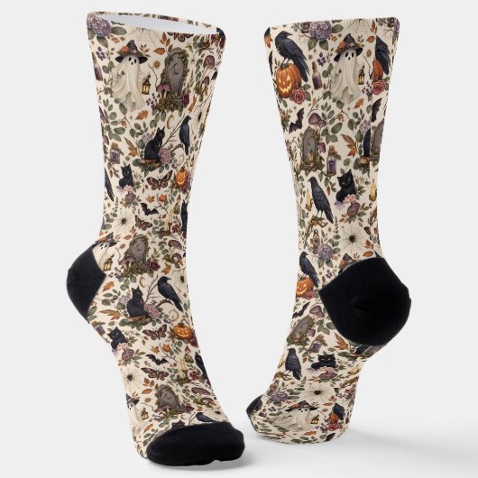 Gothic Halloween Ravens Cats Ghosts Floral Pattern ソックス (傾斜あり)