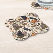 Gothic Halloween Ravens Cats Ghosts Floral Pattern ペーパーコースター (アングル)