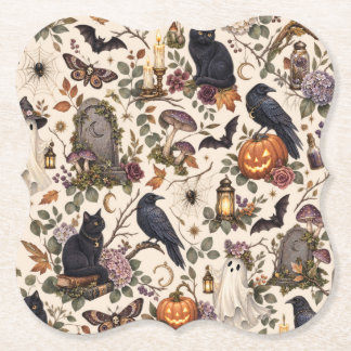 Gothic Halloween Ravens Cats Ghosts Floral Pattern ペーパーコースター