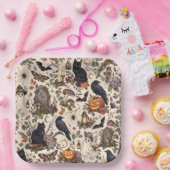 Gothic Halloween Ravens Cats Ghosts Floral Pattern ペーパープレート (パーティー)