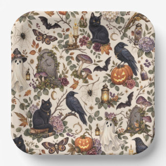 Gothic Halloween Ravens Cats Ghosts Floral Pattern ペーパープレート