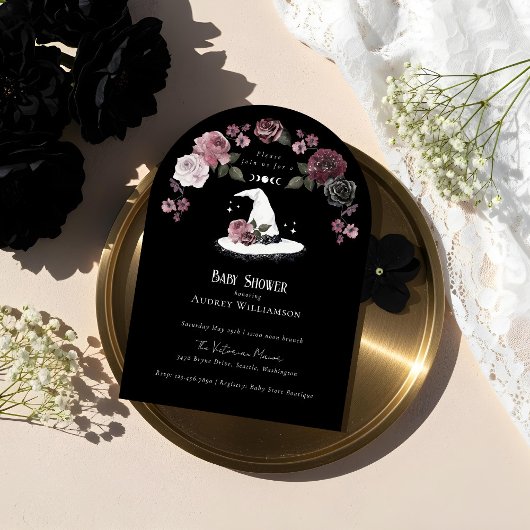 Gothic Halloween White Lace Witch Hat Baby Shower 招待状