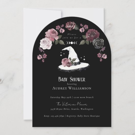 Gothic Halloween White Lace Witch Hat Baby Shower 招待状 (正面)