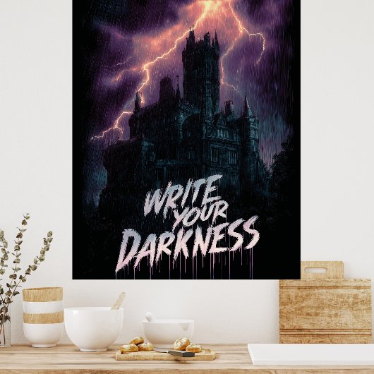 Gothic Haunted Castle Under Thunderstorm with Text ポスター (キッチン)