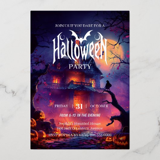 Gothic Haunted House Halloween 箔招待状 (正面)