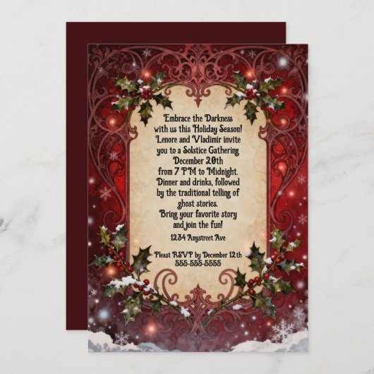 Gothic Holly on Red Christmas Party 招待状 (正面/裏面)