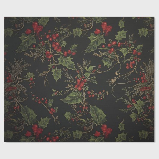 Gothic Holly Wrapping Paper |Dark Christmas Floral ラッピングペーパー (フラット)