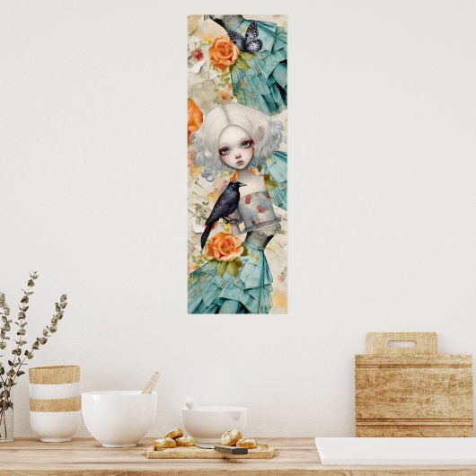 Gothic Inspired Blue Dress Peach Florals Raven  ポスター (キッチン)