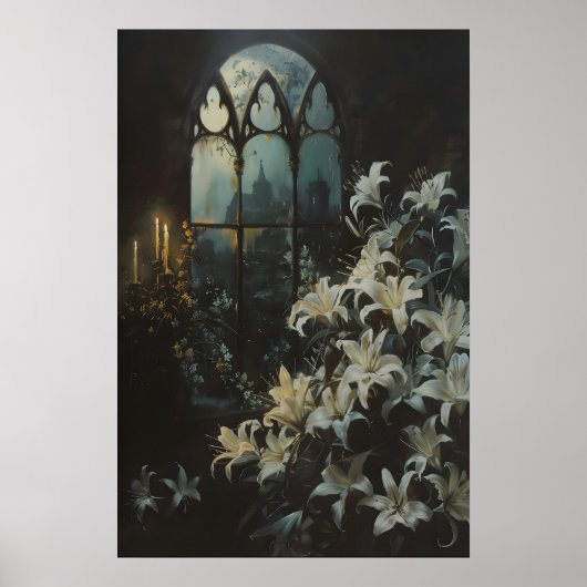 Gothic Lilies Flowers Candlelight Castle Art, Dark ポスター (正面)