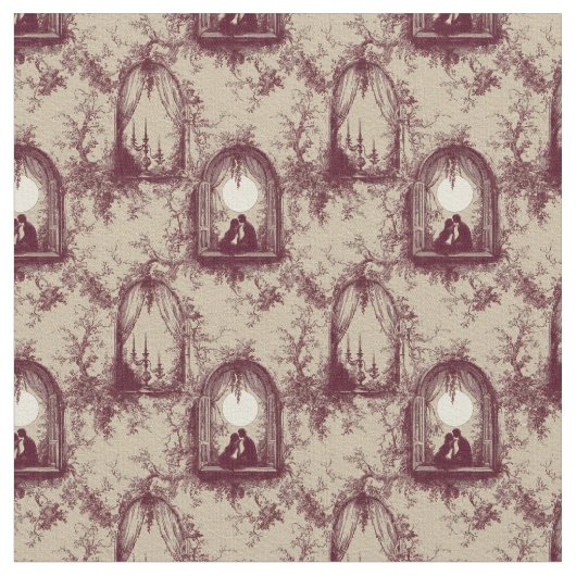 Gothic Love Valentine Burgundy Toile De Jouy  ファブリック (クローズアップ)