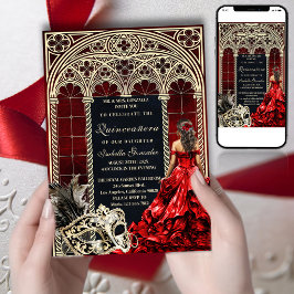 Gothic Masquerade Quinceañera Red Gold 招待状