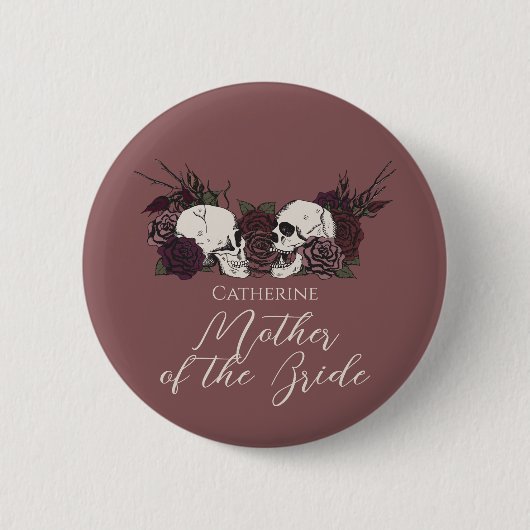 Gothic Mauve Pink Skull & Rose Wedding Party 缶バッジ (正面)