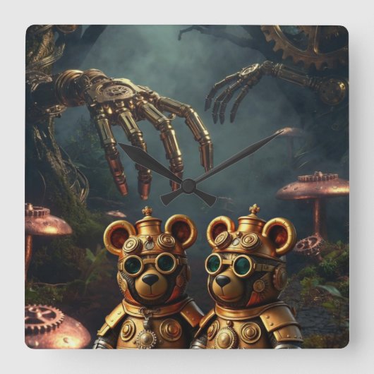 Gothic Mechanical Dark Forest Steampunk Gummy Bear スクエア壁時計 (正面)