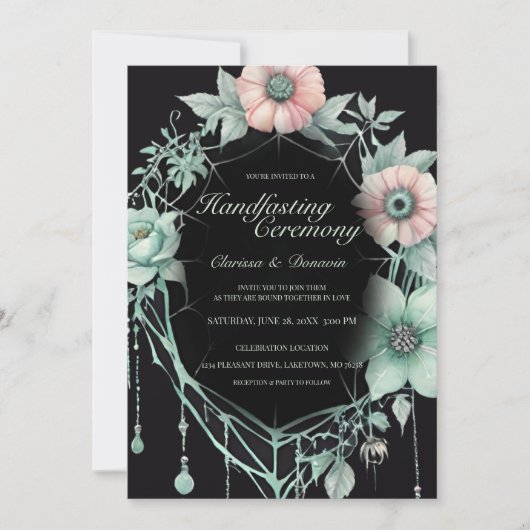 Gothic Mint Green Spider Floral Web Handfasting 招待状 (正面)