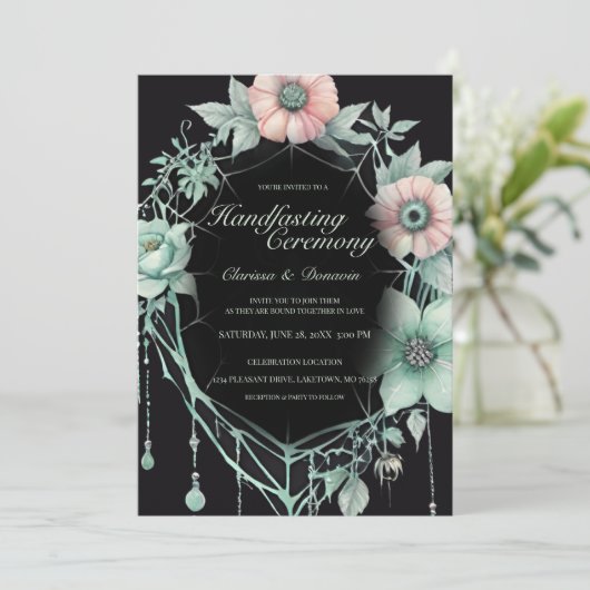 Gothic Mint Green Spider Floral Web Handfasting 招待状 (スタンド正面)