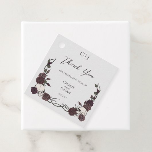 Gothic Monogram Skull & Rose Wedding Thank You フェイバータグ (インサイチュ)