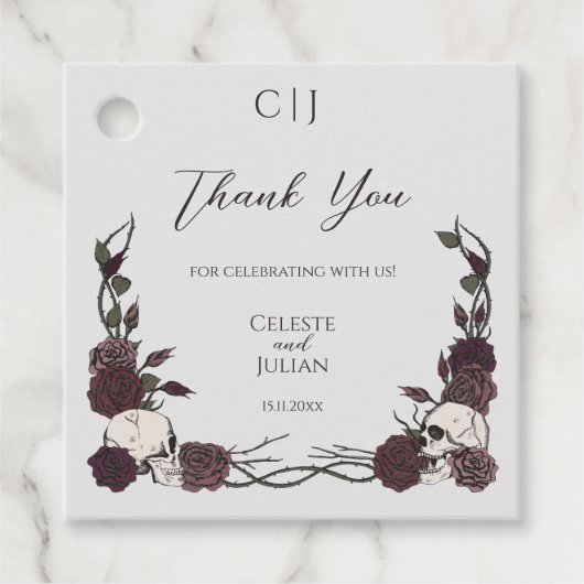 Gothic Monogram Skull & Rose Wedding Thank You フェイバータグ (正面)