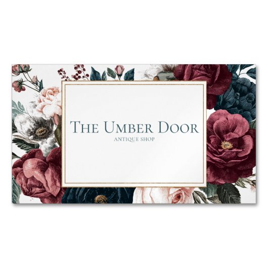 Gothic Moody Floral Burgundy Teal Rose Gold Frame マグネット名刺 (正面)