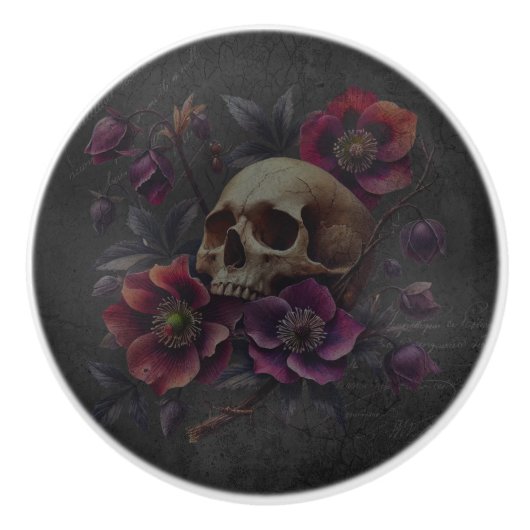 Gothic Moody Skull with Flowers セラミックノブ (正面)