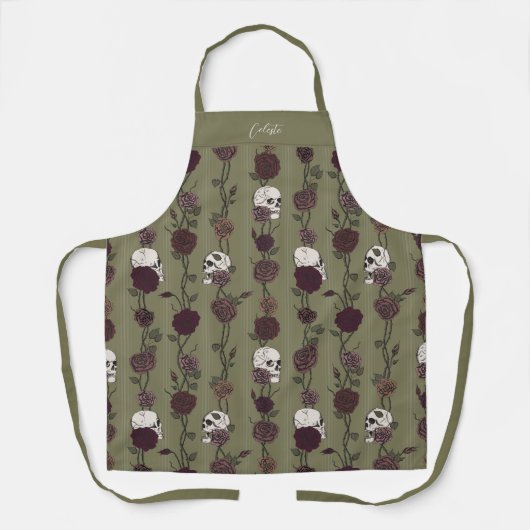 Gothic Olive Green Floral Skulls エプロン (正面)