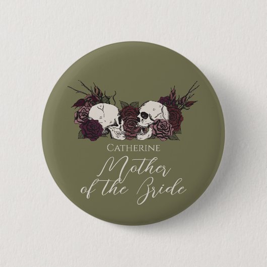 Gothic Olive Green Skull & Rose Wedding Party 缶バッジ (正面)