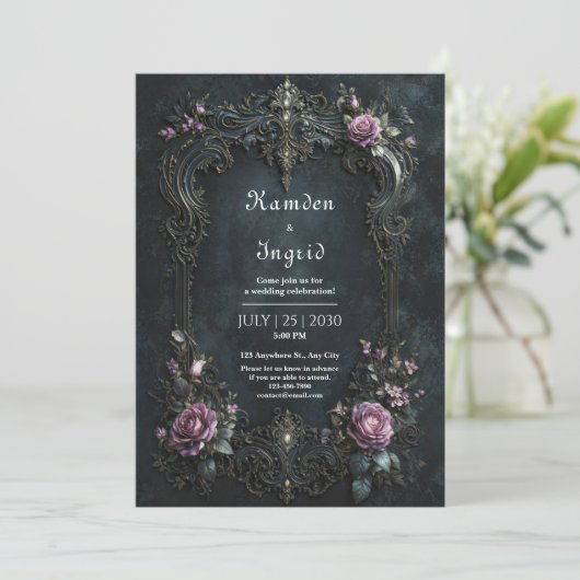Gothic Ornate Purple Rose Filigree Wedding 招待状 (スタンド正面)