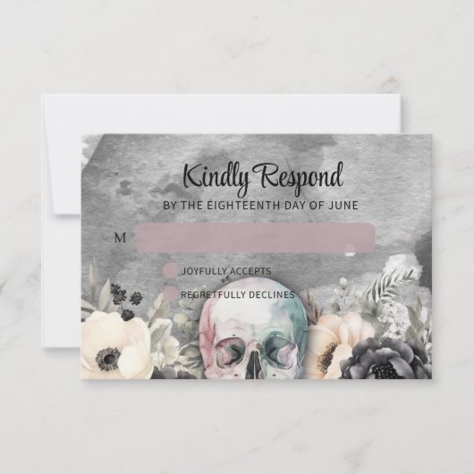 Gothic Peony & Skull Black Floral Wedding 出欠カード (正面)