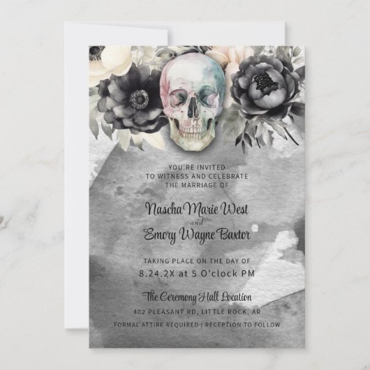 Gothic Peony & Skull Black Floral Wedding 招待状 (正面)