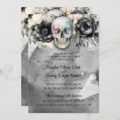 Gothic Peony & Skull Black Floral Wedding 招待状 (正面/裏面)