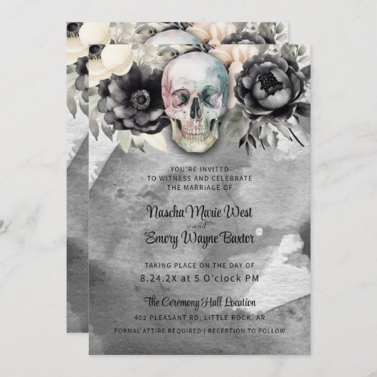 Gothic Peony & Skull Black Floral Wedding 招待状 (正面/裏面)