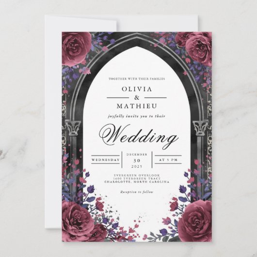 Gothic Plum Arch Floral Wedding 招待状 (正面)