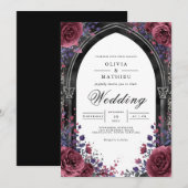 Gothic Plum Arch Floral Wedding 招待状 (正面/裏面)