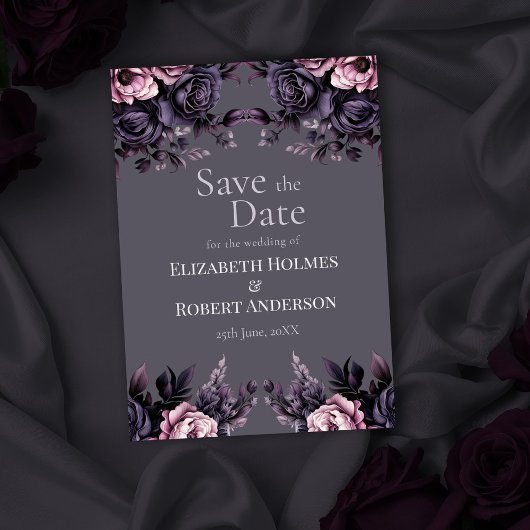 Gothic Plum Floral Save the Date 招待状