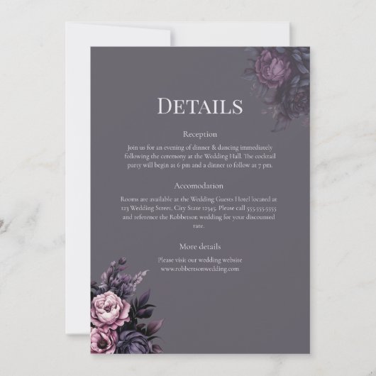 Gothic Plum Floral Wedding Details Card 招待状 (正面)