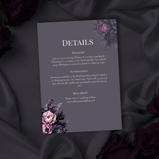 Gothic Plum Floral Wedding Details Card 招待状