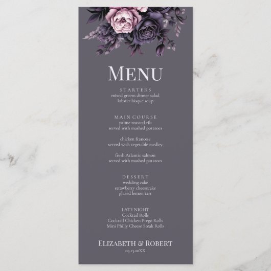 Gothic Plum Floral Wedding Menu メニュー (正面)
